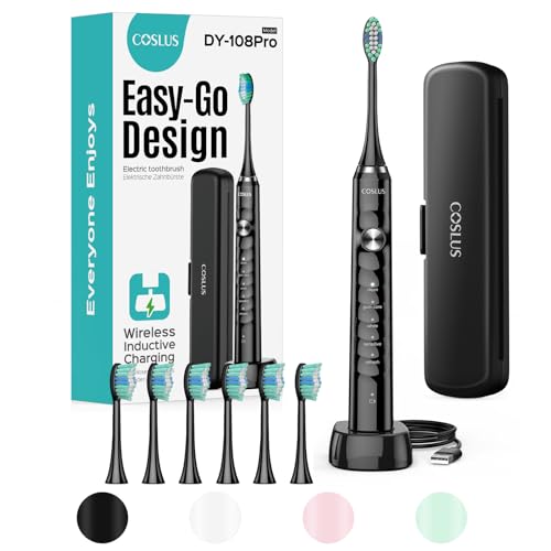 COSLUS Sonic Toothbrush: 47000 VPM Deep Clean & Whitening - 5 Modes, Wireless Charging, 6 Brush Heads - Black
