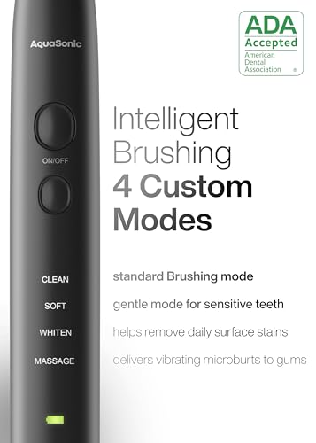 Aquasonic Black Series Toothbrush - Whitening, ADA Accepted, 8 Brush Heads, Travel Case - 40,000 VPM Motor, Wireless Charging - 4 Modes