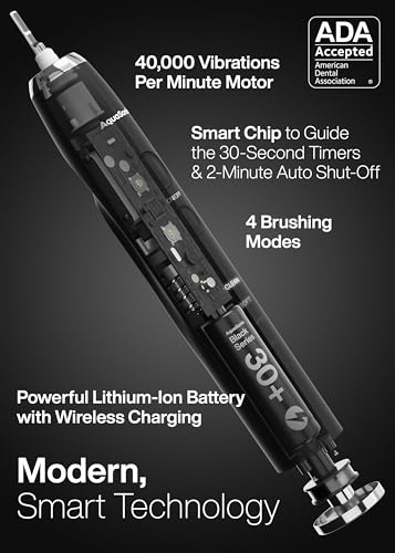 Aquasonic Black Series Toothbrush - Whitening, ADA Accepted, 8 Brush Heads, Travel Case - 40,000 VPM Motor, Wireless Charging - 4 Modes
