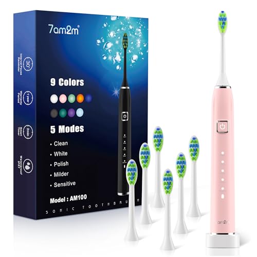 7AM2M Sonic Electric Toothbrush - 6 Brush Heads, 120-Day Charge, 5 Modes, Wireless Fast Charge - Pink
