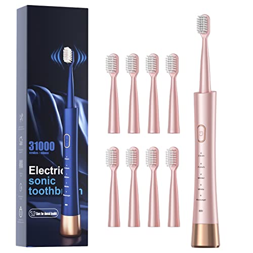 Brand Sonic Electric Toothbrush: USB Rechargeable, 5 Modes, Smart Timer, 8 Brush Heads, Pink
