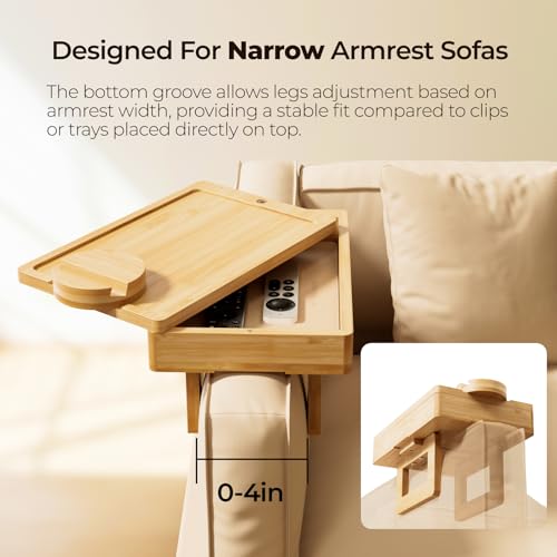 Wealone Mini Couch Arm Table: Bamboo Sofa Tray with Storage, Rotating Tabletop, Phone Stand. Adjustable Clip for Snacks/Dining.