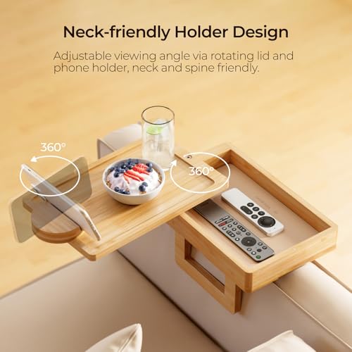 Wealone Mini Couch Arm Table: Bamboo Sofa Tray with Storage, Rotating Tabletop, Phone Stand. Adjustable Clip for Snacks/Dining.