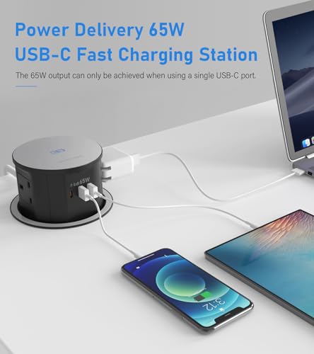 Wireless Charger Pop-Up Socket, 65W USB C Station, 4 Outlets