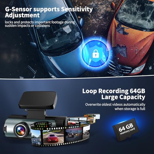 Brand Dual Dash Cam: UHD & 1080P Car Camera, Night Vision, Wi-Fi, G-Sensor, Loop Recording, 3" Display - 64GB SD Card - Black