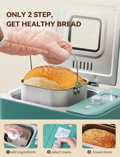 Neretva 20-in-1 Bread Maker Machine: Dual Heater, Nonstick Pan, Timer, Keep Warm, Low Noise, Stainless Steel - Green