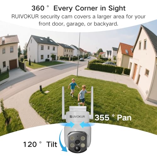 RUIVOKUR Solar Outdoor Security Camera, 360° PTZ, 2K/4MP, Color Night Vision