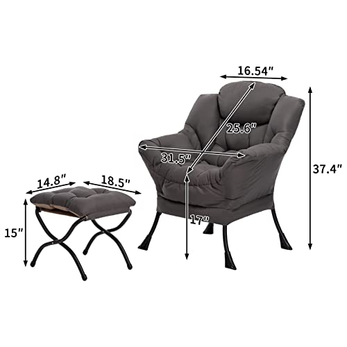 HollyHOME Lazy Chair with Ottoman, Comfy Armchair & Footrest Stool - Reading Chair for Living Room, Bedroom, Dorm - Dark Grey