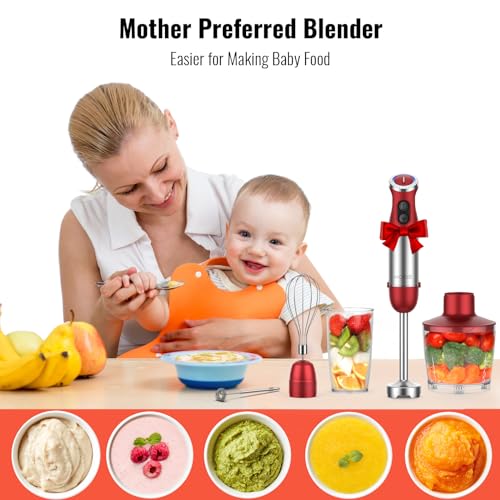 KOIOS 5-in-1 Hand Blender: 1000W, 12 Speeds, Stainless Steel Blade, Mixing Beaker, Food Processor, Whisk, Milk Frother - Red