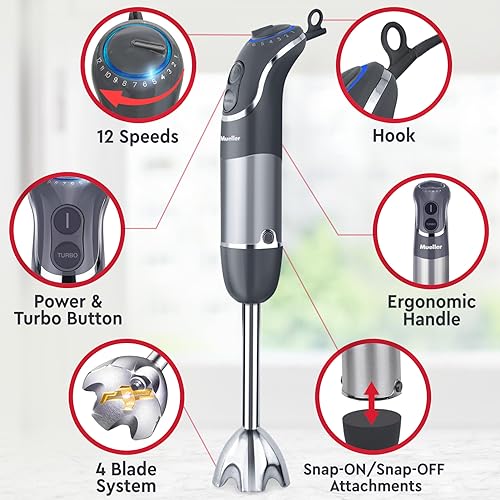 Mueller Multistick 5-in-1 Handheld Blender - 12 Speed Mixer, Turbo Boost, Copper Motor, Titanium Blades - Milk Frother, Whisk, Chopper - Grey