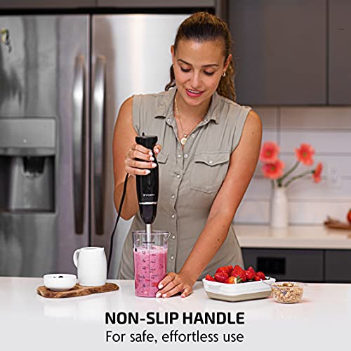 OVENTE Hand Blender: Portable Stick Mixer Set, 300W, 2 Speeds, Stainless Steel Blades, Egg Whisk, Beaker, Food Chopper - Black