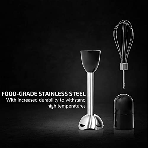 OVENTE Hand Blender: Portable Stick Mixer Set, 300W, 2 Speeds, Stainless Steel Blades, Egg Whisk, Beaker, Food Chopper - Black