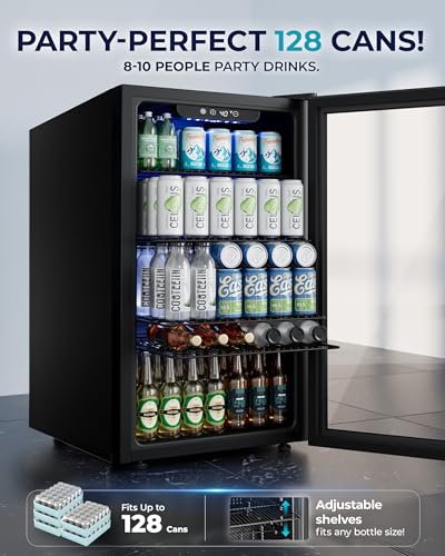 EUHOMY Beverage Refrigerator: 128 Can Mini Fridge with Glass Door, Adjustable Shelves for Soda, Beer, or Wine, Home/Bar/Office