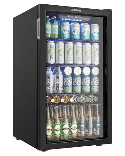 EUHOMY Beverage Refrigerator: 128 Can Mini Fridge with Glass Door, Adjustable Shelves for Soda, Beer, or Wine, Home/Bar/Office