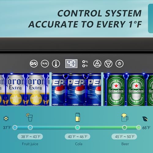 EUHOMY Beverage Refrigerator: Built-in/Freestanding Cooler 180 Can Capacity, Stainless Steel Door, Outdoor Fridge for Soda, Beer, Wine