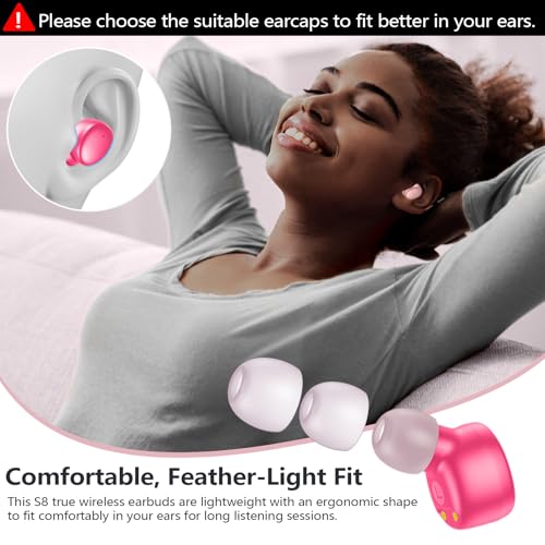 MOZOTER S8 Mini Wireless Earbuds, Bluetooth 5.3, 60Hrs Playtime, Deep Bass, Sport-Pink
