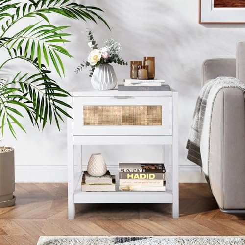 Modern Rattan Bedside Table: White Nightstand with Drawers, Metal Handle | Bedroom & Living Room Furniture, 19.7x15.7x23.6 inch