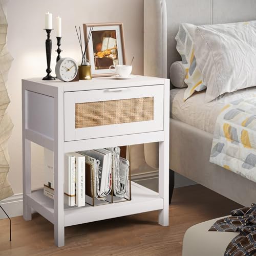 Modern Rattan Bedside Table: White Nightstand with Drawers, Metal Handle | Bedroom & Living Room Furniture, 19.7x15.7x23.6 inch