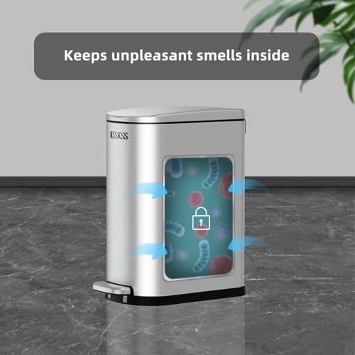 Slim 10L Stainless Steel Trash Can with Soft Close Lid for Narrow Spaces - Bathroom, Bedroom