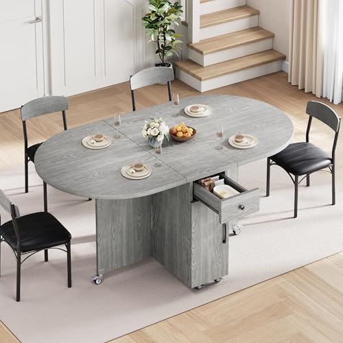 Foldable Dining Table Set for 4, Space Saving Kitchen Furniture with Storage, Grey, 51''x31