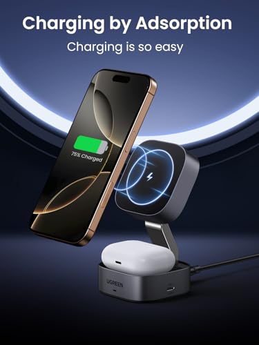 UGREEN MagFlow Wireless Charger Stand for iPhone & AirPods - Qi Certified, Magnetic Charging Station - Compatible with iPhone & AirPods