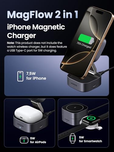 UGREEN MagFlow Wireless Charger Stand for iPhone & AirPods - Qi Certified, Magnetic Charging Station - Compatible with iPhone & AirPods