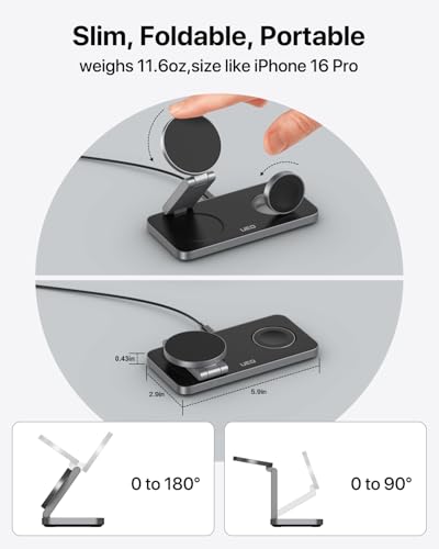Pure Black Foldable 3-in-1 Wireless Charger Station for Apple Magsafe, iPhone 17 Air 16 15 14 13 12 Series, Airpods Pro, Apple Watch Ultra