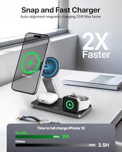 Pure Black Foldable 3-in-1 Wireless Charger Station for Apple Magsafe, iPhone 17 Air 16 15 14 13 12 Series, Airpods Pro, Apple Watch Ultra