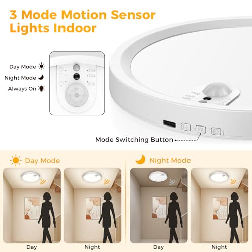 ONEWEST Motion Sensor Ceiling Light, Rechargeable, Remote Control, 3 Colors, 30s/60s/120s Timer - Indoor Battery Operated