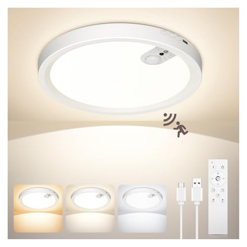ONEWEST Motion Sensor Ceiling Light, Rechargeable, Remote Control, 3 Colors, 30s/60s/120s Timer - Indoor Battery Operated
