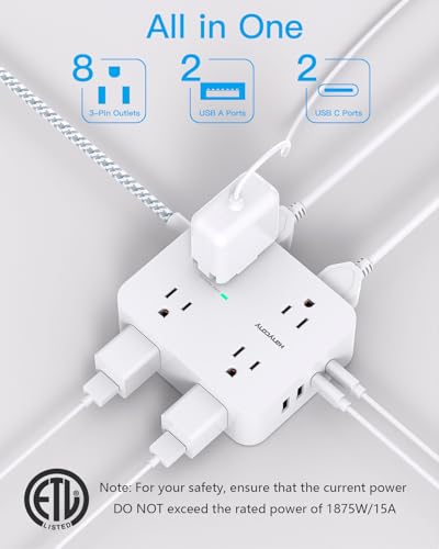 HANYCONY Surge Protector Power Strip with 8 Outlets and 4 USB Ports - Multi Plug Outlet Extender, 5Ft Braided Cord - Home Office Charging Station