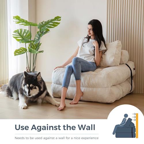 MAXYOYO Folding Sofa Bed Chair, Pillow Mattress, Back Support - Portable Comfy Lounge for Living Room Bedroom - Beige Single