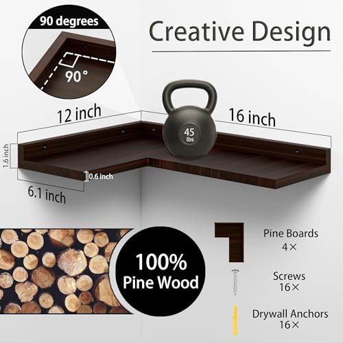 Rustic Pine Wooden 4 Tier Floating Corner Shelves Set - Wall Decor Storage Shelf for Bedroom, Living Room, Bathroom - L Shaped Wall Mount Shelf