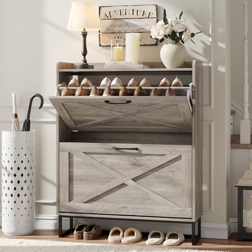 Maupvit Shoe Cabinet: Freestanding Organizer with Metal Legs, Entryway Storage, Narrow Rack, Washed Gray