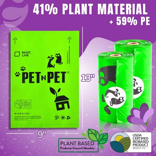 Pet N Pet 1080 Count Green Dog Poop Bags, Plant-Based Thick Rolls, 9x13", Lavender Scented