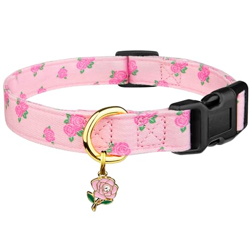 Handmade Cotton Dog Collar: Cute Pink Rose Pattern with Pendant