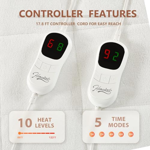 Homemate Heated Mattress Pad Queen Size, Coral Fleece, 5 Heat Settings, Dual Controller, Auto Off, 10 Hrs, 80"x60