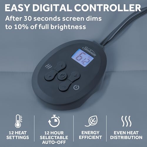 Sunbeam Electric Heated Mattress Pad Queen 80 inch - 12 Heat Settings, Fast Heating, Soft Cozy Fabric - Machine Washable