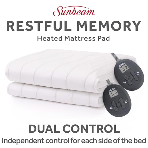 Sunbeam Electric Heated Mattress Pad Queen 80 inch - 12 Heat Settings, Fast Heating, Soft Cozy Fabric - Machine Washable