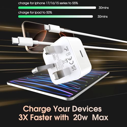 Fast 20W USB C Charger with 2m Cables for iPhone 17/16/15 - UK Plug