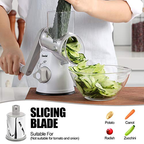 Geedel Rotary Cheese Grater & Mandoline Slicer - Interchangeable Blades - Easy to Clean - Ideal for Fruit, Vegetables, Nuts