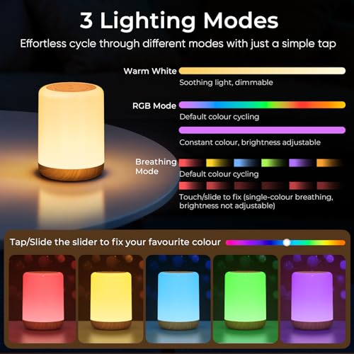 VIWAVE RGB Night Light with Timer, Dimmable LED for Kids, Memory Function, USB Rechargeable, Touch Control Lamp - Ideal for Bedroom, Camping