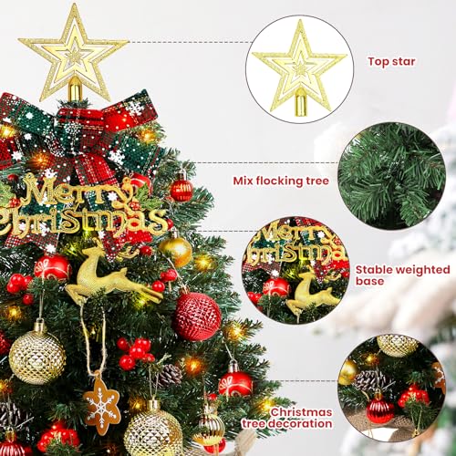 Mini Christmas Tree 24 inch LED Lights Battery Operated Xmas Table Decoration Pine Cones&Bows