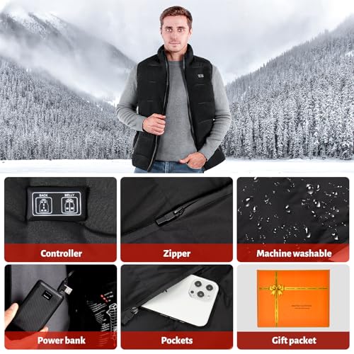 Men's Heated Vest, 11-17 Heating Zones, Rechargeable Battery