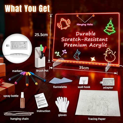 Oritzan LED Drawing Board: Magic Note Board with 13 Light Modes & Colorful Pens - Large Size 35x25.5 inch - Holiday Gift for Kids