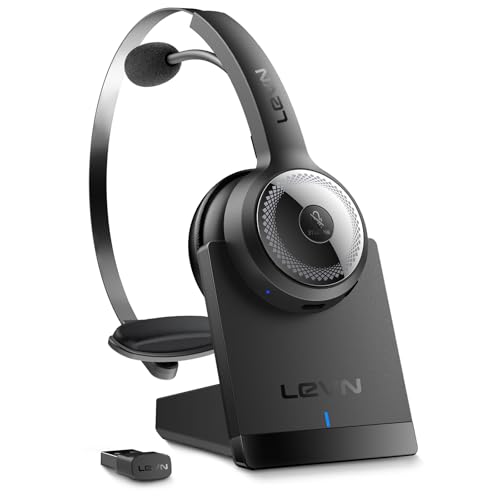 LEVN Wireless Headset with Mic: Charging Base, Noise Cancel, Long Battery - Bluetooth Headsets for Work, Home, Office - Black