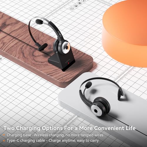 LEVN Wireless Headset with Mic: Charging Base, Noise Cancel, Long Battery - Bluetooth Headsets for Work, Home, Office - Black