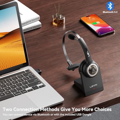 LEVN Wireless Headset with Mic: Charging Base, Noise Cancel, Long Battery - Bluetooth Headsets for Work, Home, Office - Black