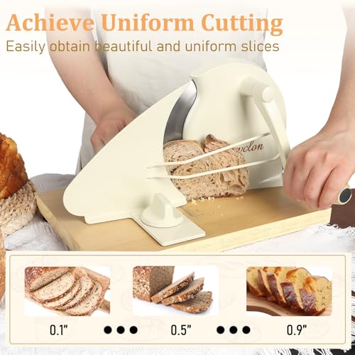 Manual Bread Slicer for Homemade Sourdough, Metal Guide, Adjustable Thickness, Hand Crank, Scale Line, Suction Cup, Sharp Blade
