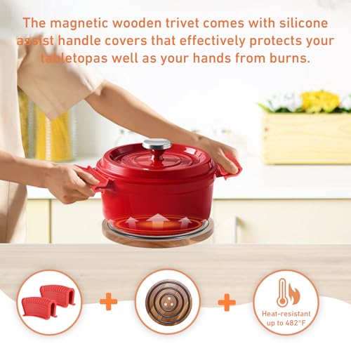 Acacia Wood Magnetic Trivets with Silicone Rings, Pot Holder for Cast Iron Dutch Oven & Skillets, Wood Trivet Stand